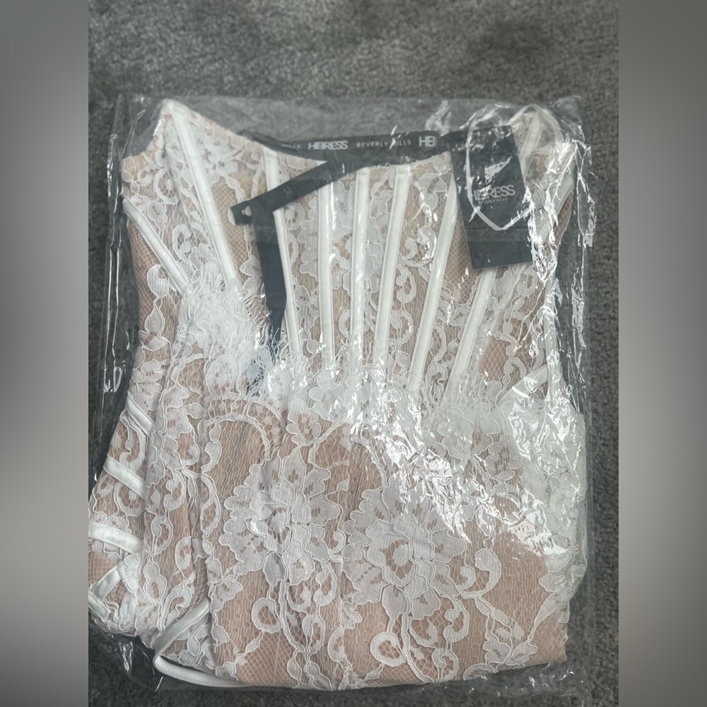 Heiress Beverly Hills Lace Mesh Corset Drape Mini Dress NWT - Picture 5 of 6